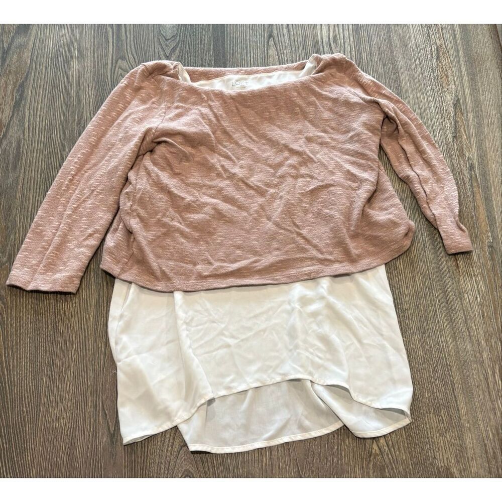 Ann Taylor LOFT Top 3/4 Sleeve Split Back Layered Shimmer Tan Cream Size S